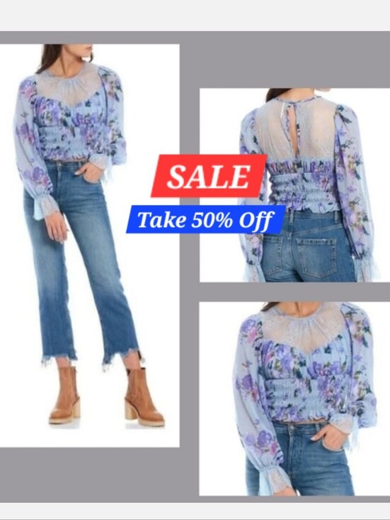 Free People Tops - Free People Blue Floral Lace Blouse. NWT Size Small